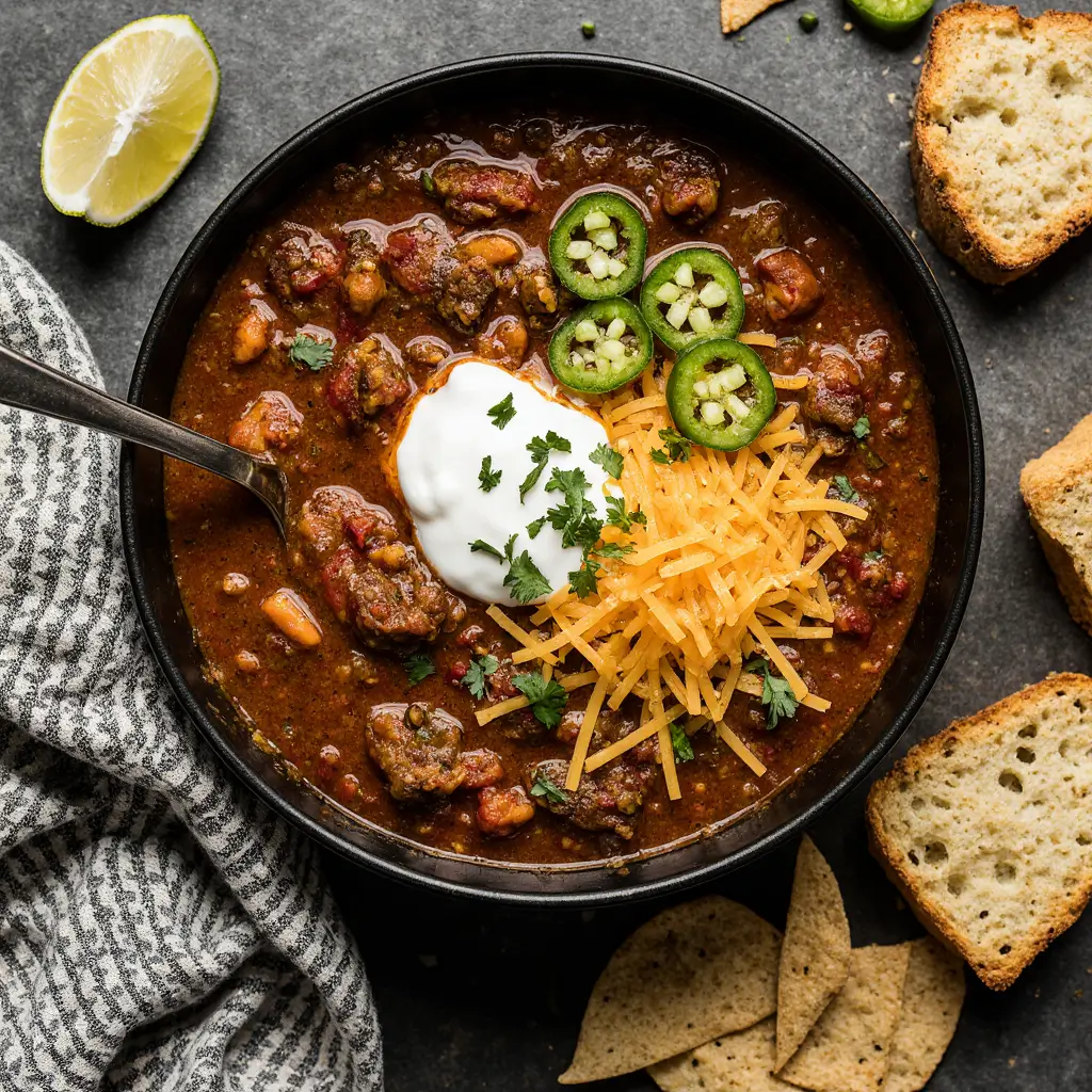 Bowl of hearty chili with beans, ground meat, tomatoes, and spices, garnished with fresh herbs