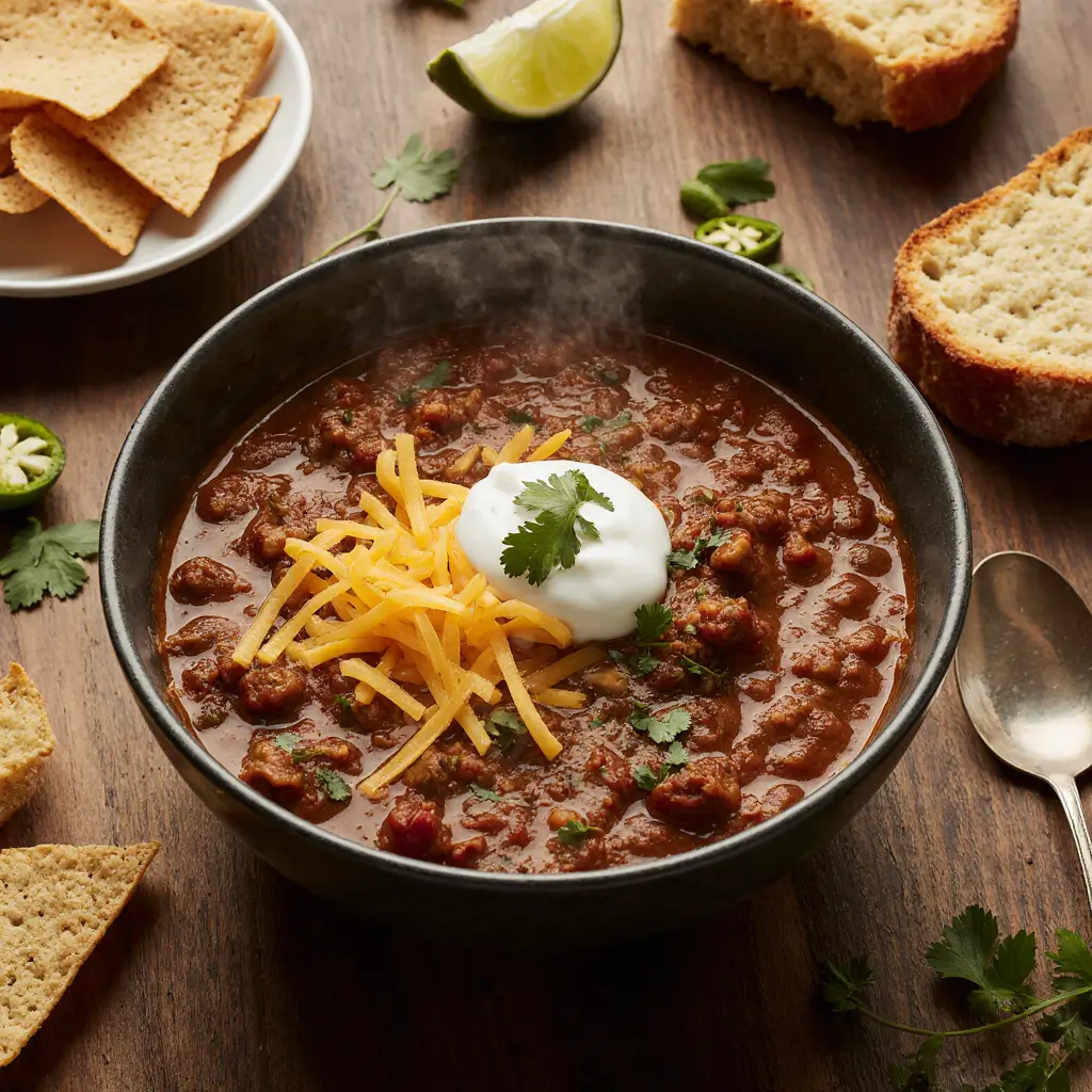 Bowl of hearty chili with beans, ground meat, tomatoes, and spices, garnished with fresh herbs