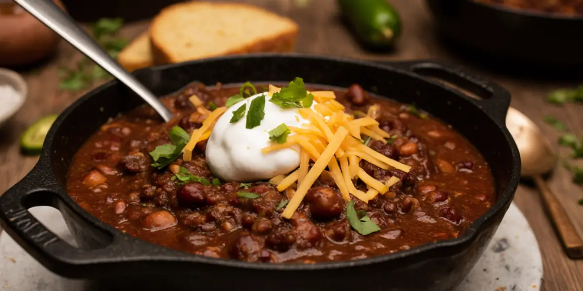 Bowl of hearty chili with beans, ground meat, tomatoes, and spices, garnished with fresh herbs
