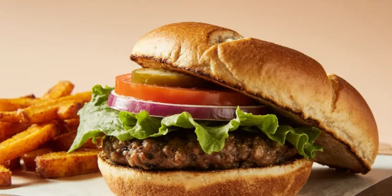Alt Text: An Epic Black Bean Burger with lettuce, tomato, red onion, and pickles on a toasted bun, served alongside golden sweet potato fries on a wooden surface