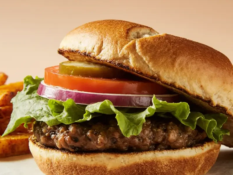 Alt Text: An Epic Black Bean Burger with lettuce, tomato, red onion, and pickles on a toasted bun, served alongside golden sweet potato fries on a wooden surface