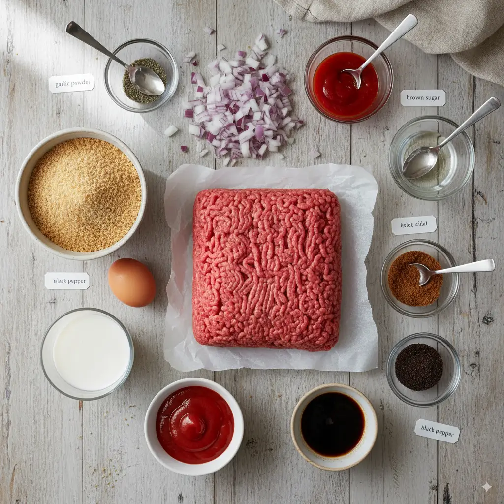 Classic meatloaf slice served with mashed potatoes and green beans on a white plate, topped with a shiny ketchup glaze.