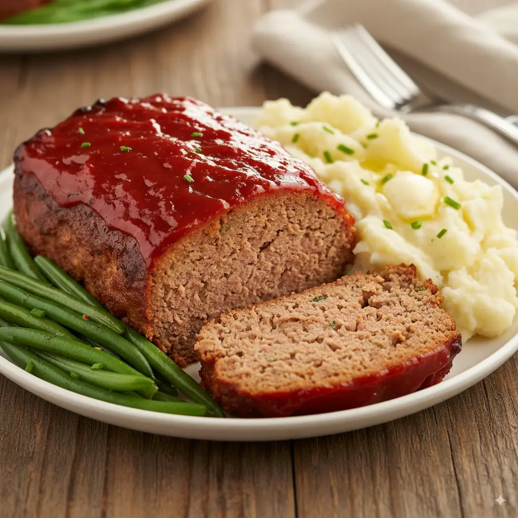 Classic meatloaf slice served with mashed potatoes and green beans on a white plate, topped with a shiny ketchup glaze.