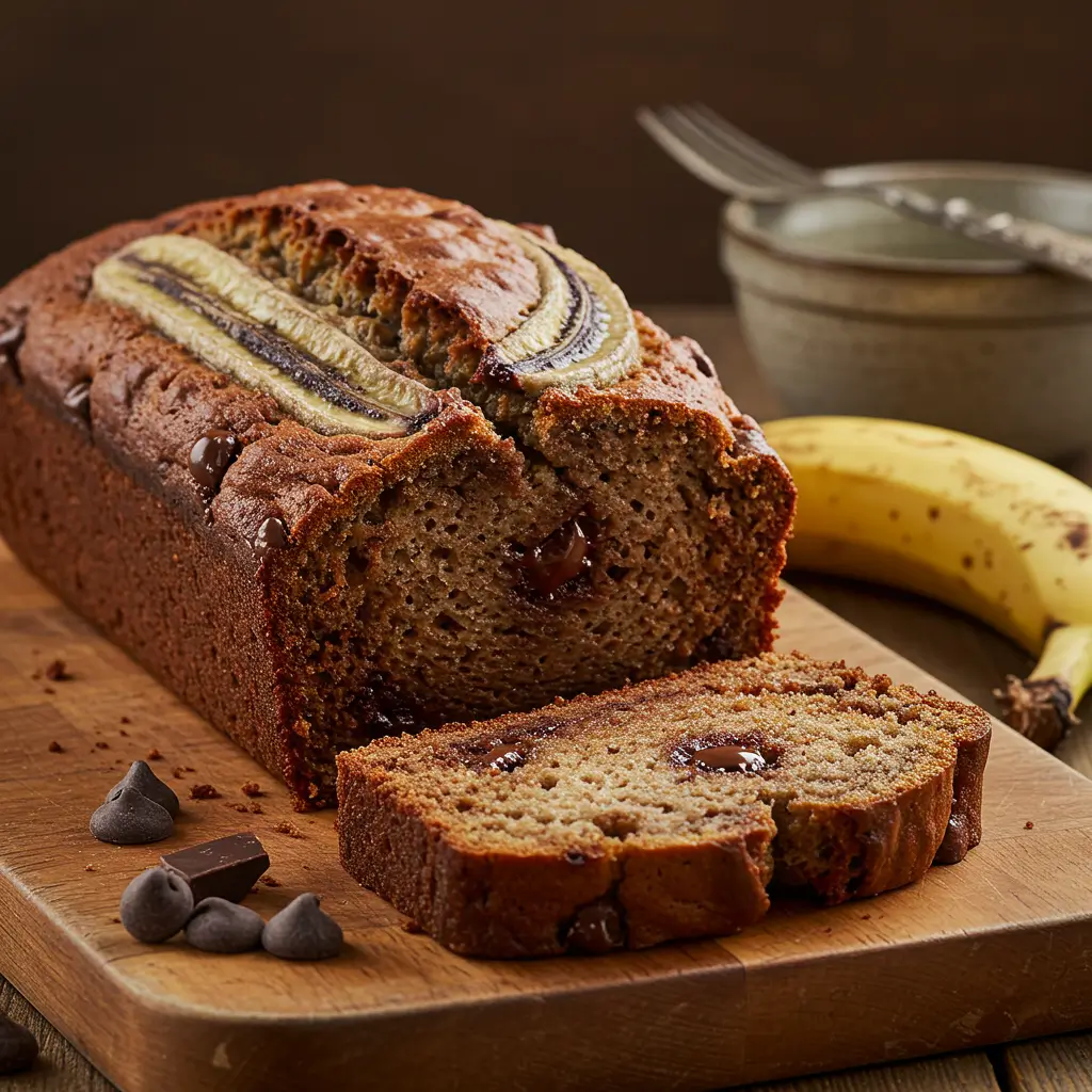 A close-up slice of moist chocolate chip banana bread on a wooden board, dotted with melted chocolate chunks and golden-brown crust.