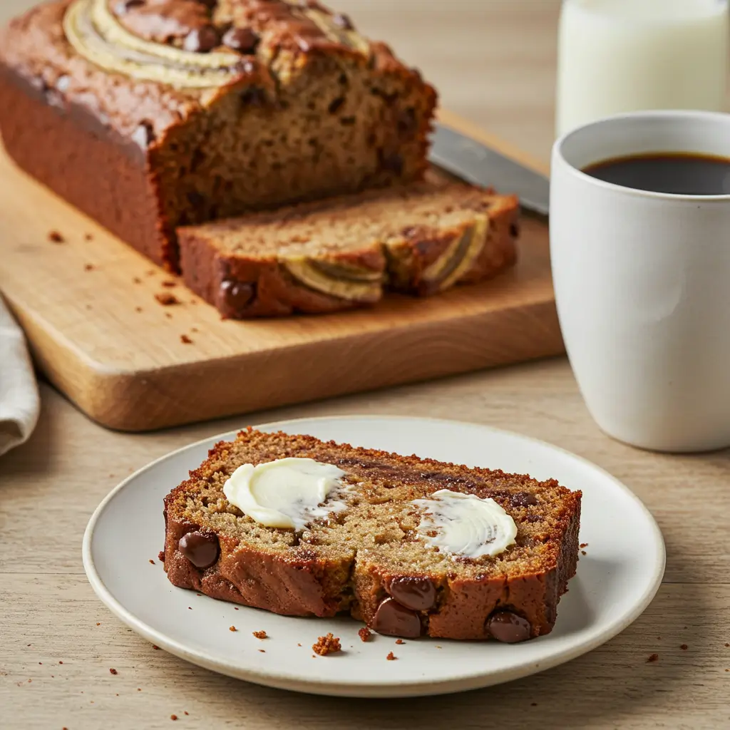 Freshly baked, moist chocolate chip banana bread with gooey chocolate chips
