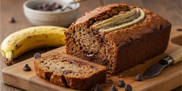 A slice of moist chocolate chip banana bread with melted chocolate chips, leaning against the whole loaf on a rustic wooden board.