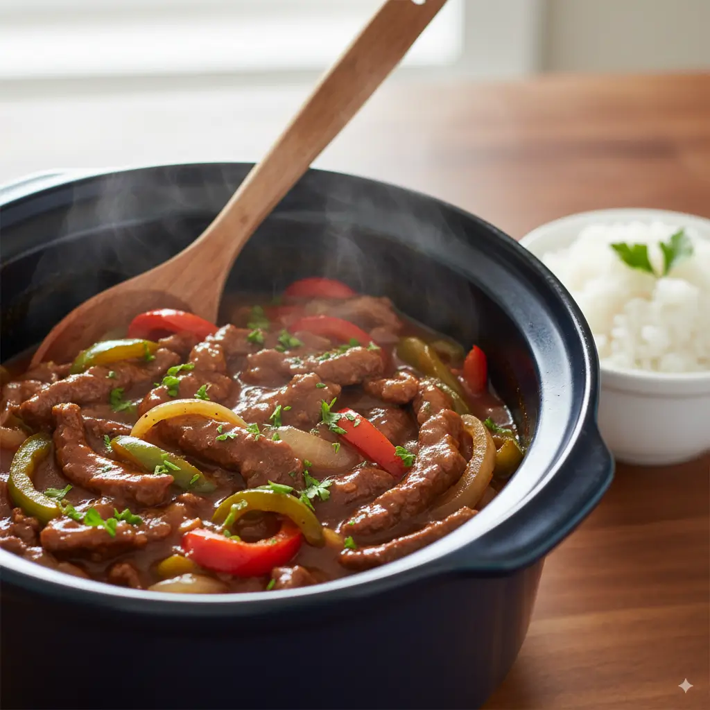 Plated Crock Pot Pepper Steak with tender beef strips, red, yellow, and green bell peppers, and onions served next to a bowl of white rice garnished with green onions.