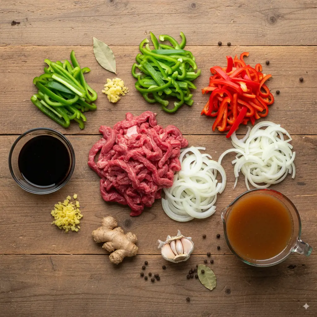 Plated Crock Pot Pepper Steak with tender beef strips, red, yellow, and green bell peppers, and onions served next to a bowl of white rice garnished with green onions.