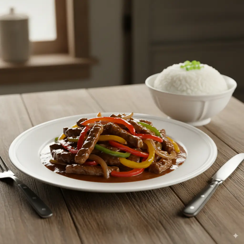Plated Crock Pot Pepper Steak with tender beef strips, red, yellow, and green bell peppers, and onions served next to a bowl of white rice garnished with green onions.
