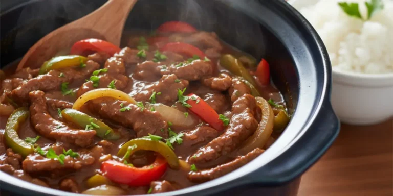 Plated Crock Pot Pepper Steak with tender beef strips, red, yellow, and green bell peppers, and onions served next to a bowl of white rice garnished with green onions