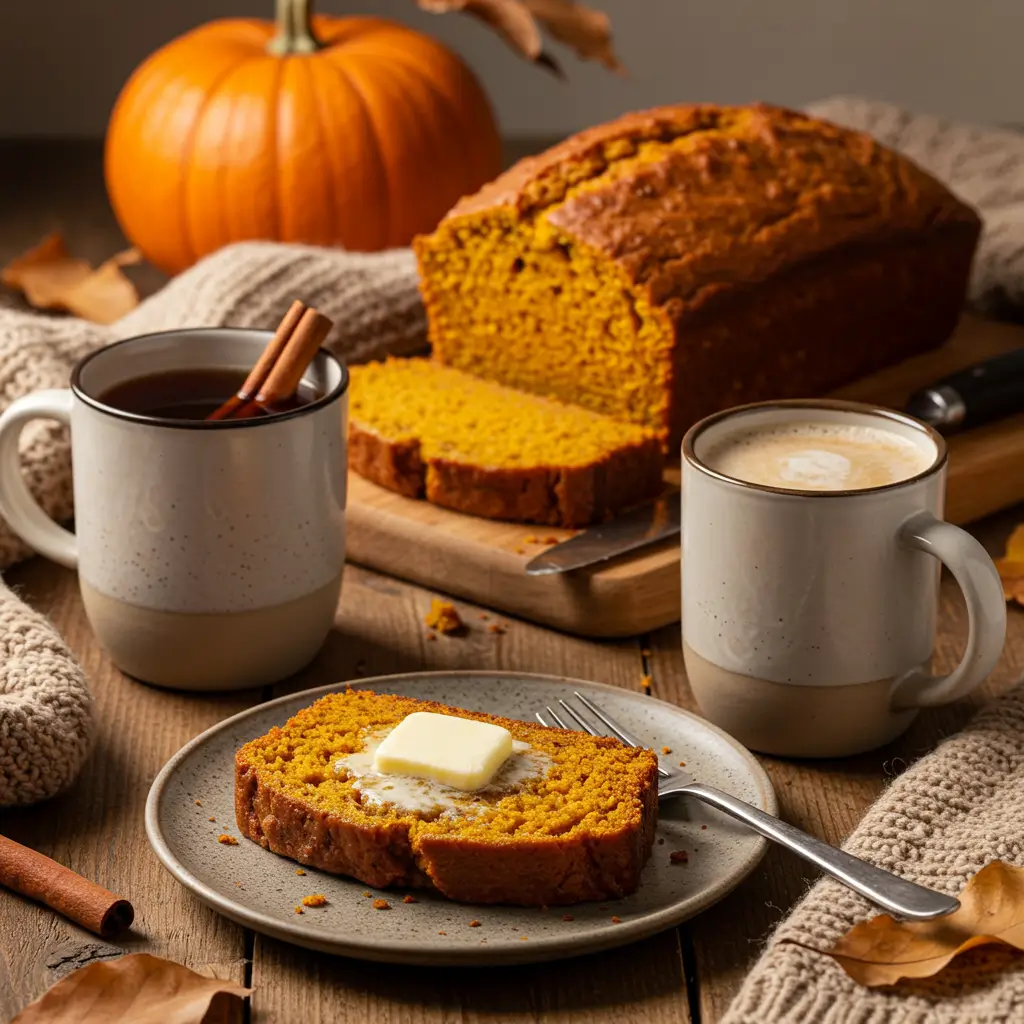 A thick slice of moist pumpkin bread with melting butter, served on a rustic ceramic plate with coffee, showcasing the perfect autumn treat.