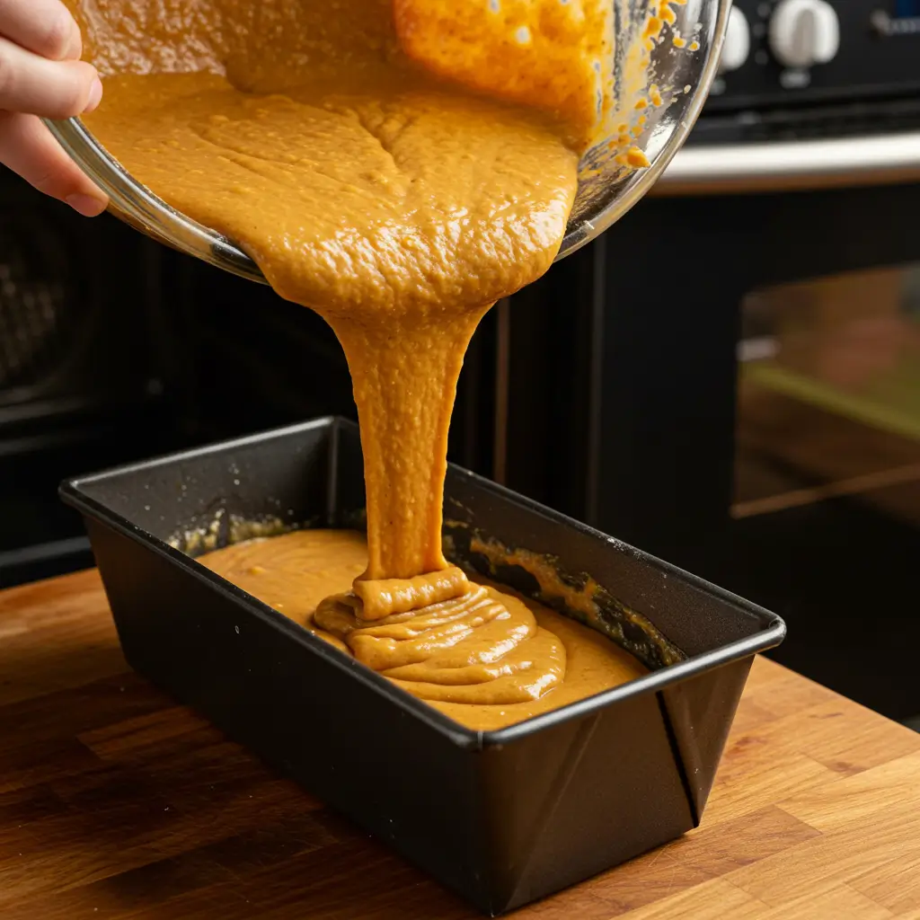 A thick slice of moist pumpkin bread with melting butter, served on a rustic ceramic plate with coffee, showcasing the perfect autumn treat.