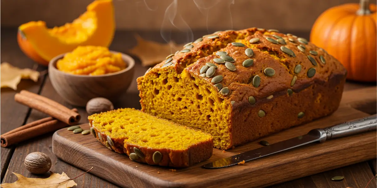 A thick slice of moist pumpkin bread with melting butter, served on a rustic ceramic plate with coffee, showcasing the perfect autumn treat.