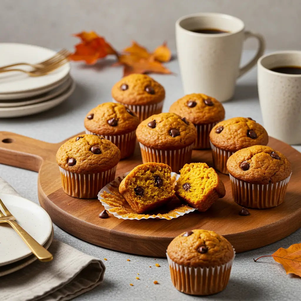 Golden pumpkin chocolate chip muffins with chocolate chips on top in brown paper liners on white background