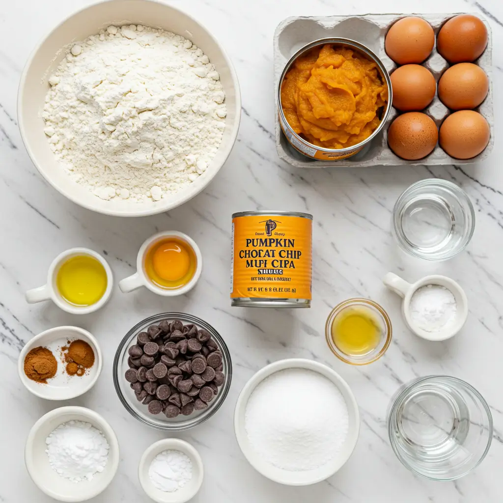 Recipe Table: Perfect Pumpkin Chocolate Chip Muffins

IngredientAmountNotesAll-purpose flour2 cupsSift for best resultsBaking soda1 tspFresh for optimal riseBaking powder1/2 tspCheck expiration dateSalt1/2 tspSea salt preferredCinnamon1 tspFresh ground recommendedNutmeg1/4 tspFreshly grated if possibleGinger1/4 tspGround, not freshCloves1/8 tspUse sparinglyVegetable oil1/2 cupOr melted butterEggs2 largeRoom temperatureSugar1 1/4 cupsGranulated whitePumpkin puree1 can (15 oz)100% pure pumpkinWater1/3 cupRoom temperatureChocolate chips1 cupSemi-sweet or dark
