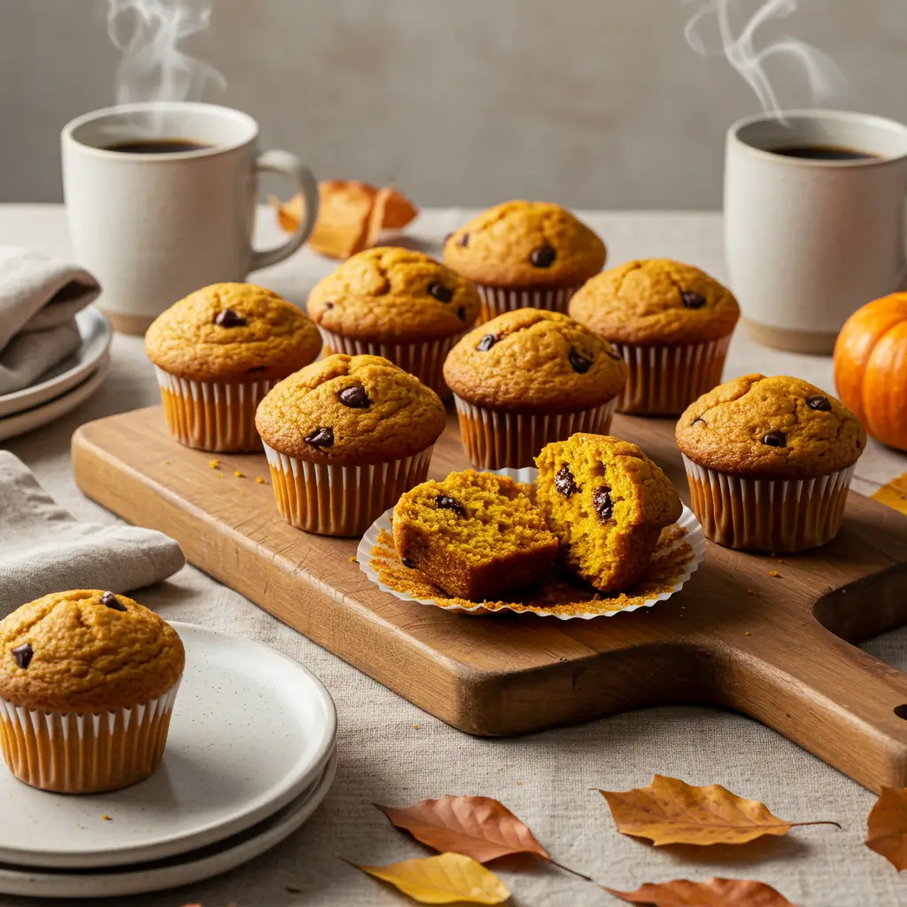 A close-up photo of freshly baked pumpkin chocolate chip muffins on a wire cooling rack, with golden tops studded with melty chocolate chips and a hint of cinnamon spice, perfect for fall baking