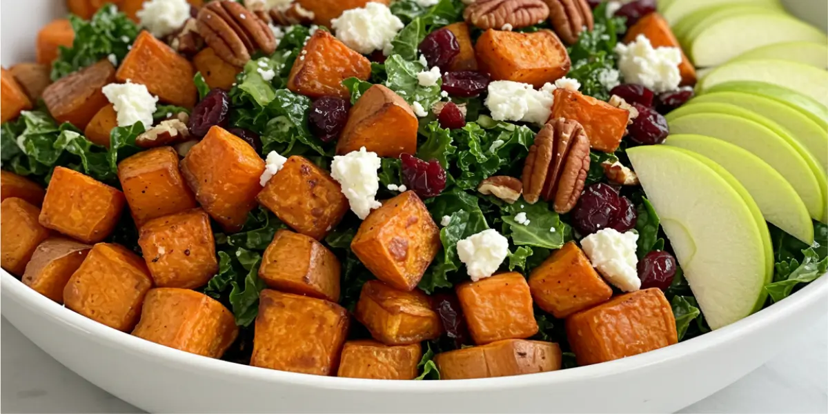 Healthy sweet potato salad recipe with fresh kale, nuts, dried fruit and cheese in serving bowl