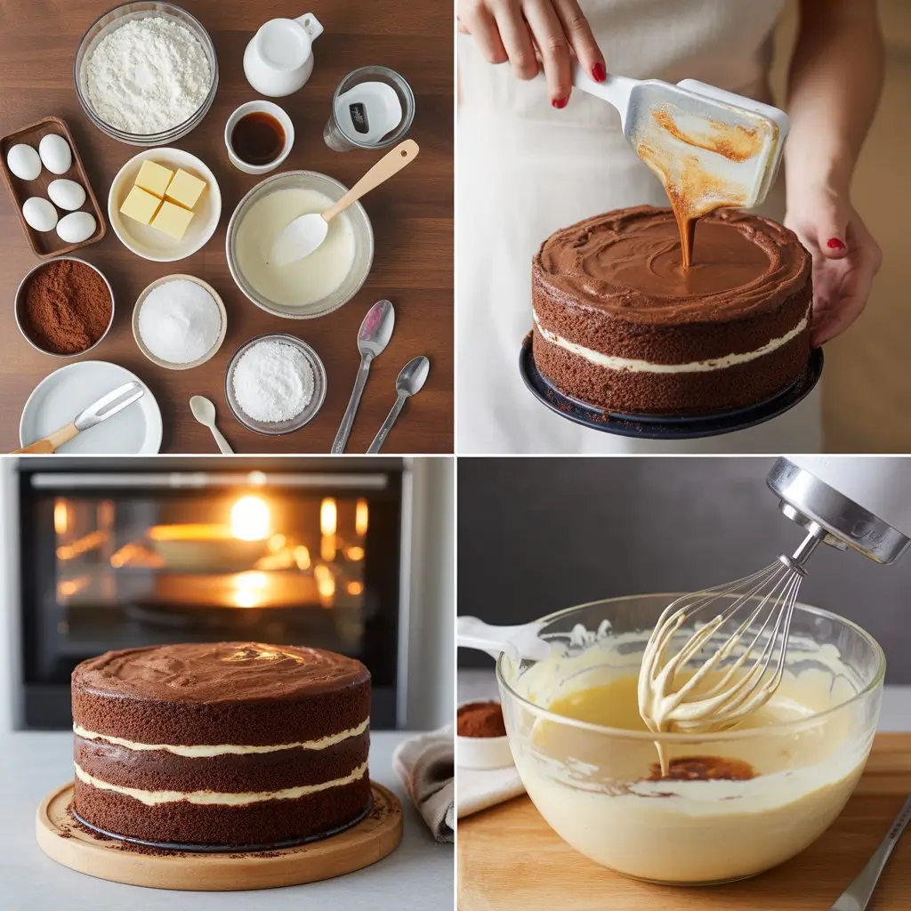 “Homemade espresso cream cake with chocolate layers and creamy espresso filling, topped with cocoa powder and chocolate shavings.”