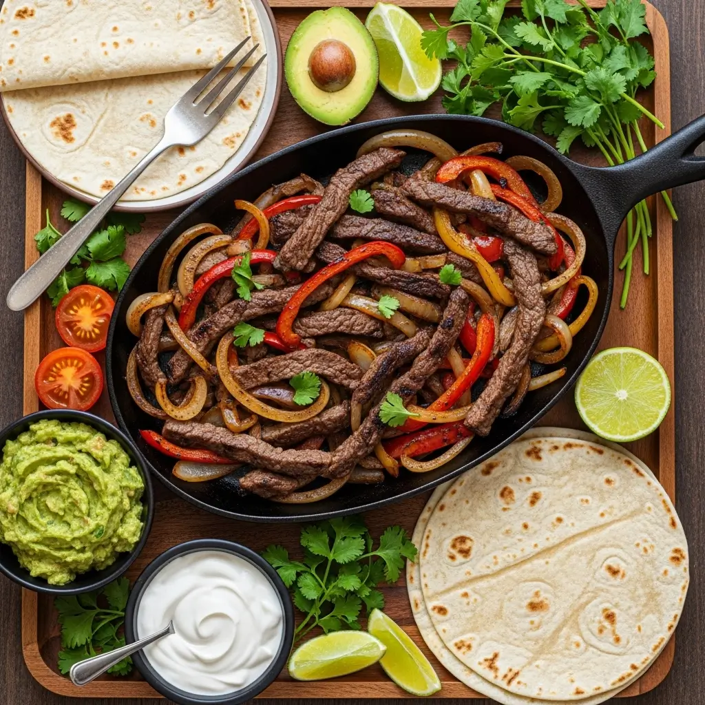 Step-by-step visual guide for making easy air fryer steak fajitas, showing slicing, seasoning, cooking, and serving.