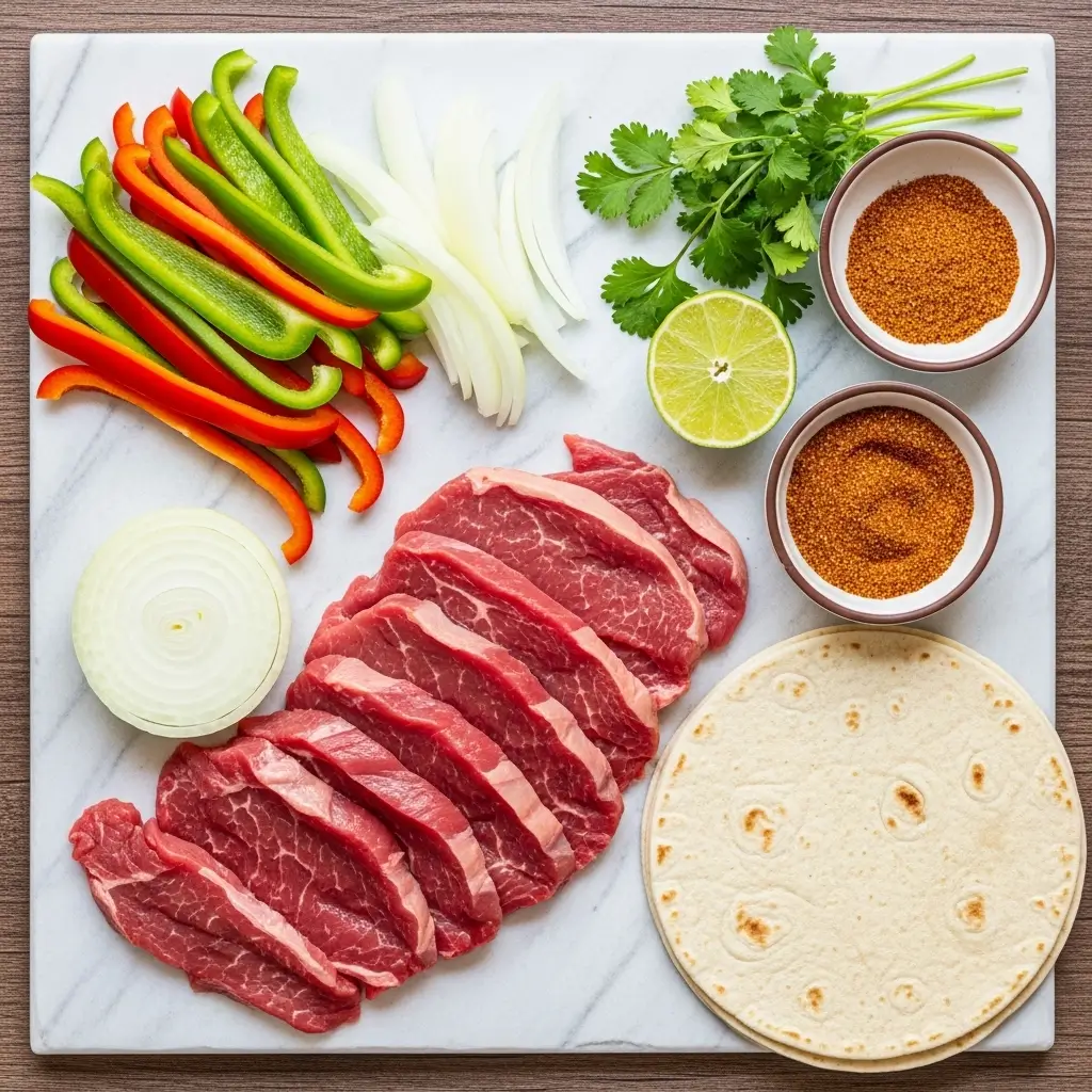 Step-by-step visual guide for making easy air fryer steak fajitas, showing slicing, seasoning, cooking, and serving.