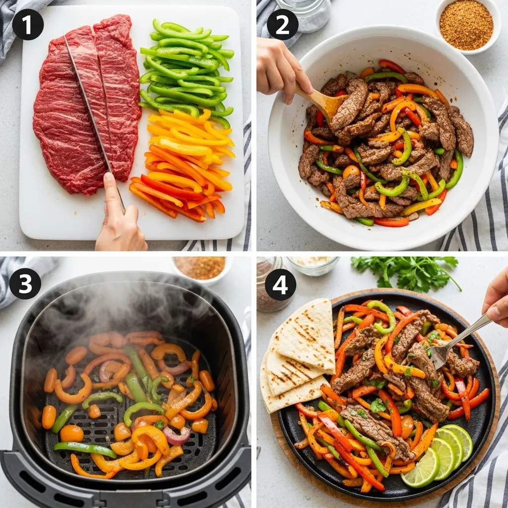 Step-by-step visual guide for making easy air fryer steak fajitas, showing slicing, seasoning, cooking, and serving.