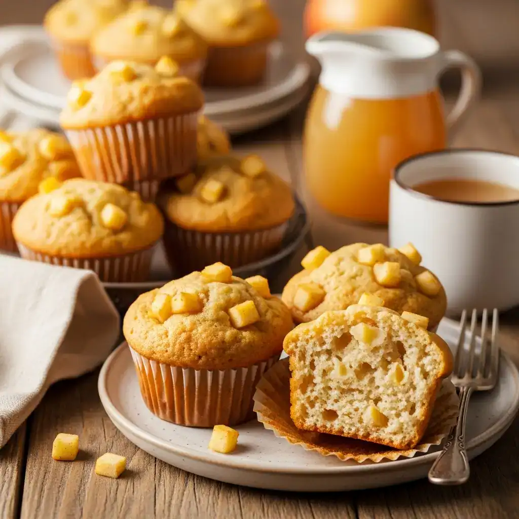 A fresh batch of homemade apple cider muffins served in a rustic basket on a wooden table, ready for a cozy autumn breakfast.