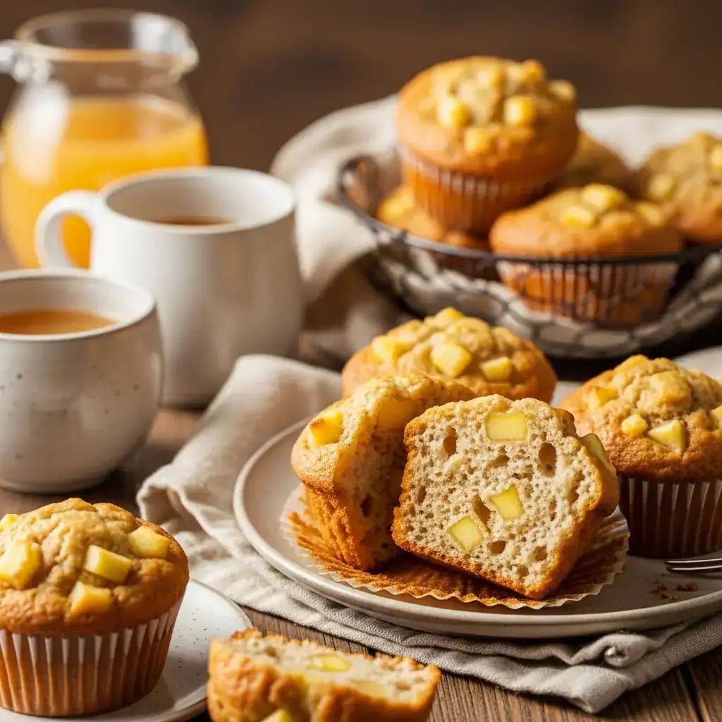 A fresh batch of homemade apple cider muffins served in a rustic basket on a wooden table, ready for a cozy autumn breakfast.