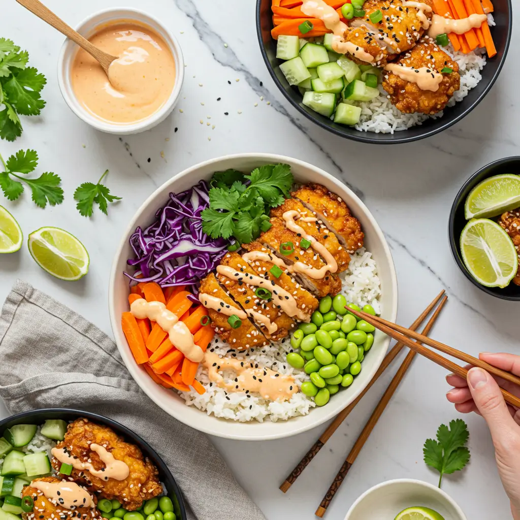 Overhead view of Bang Bang Chicken Bowl showing golden chicken, pink sauce, colorful vegetables, rice, and garnishes on white marble