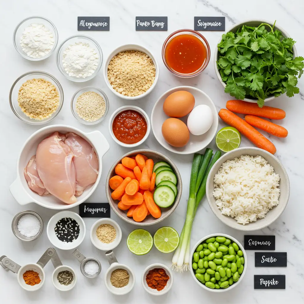 Overhead view of Bang Bang Chicken Bowl showing golden chicken, pink sauce, colorful vegetables, rice, and garnishes on white marble