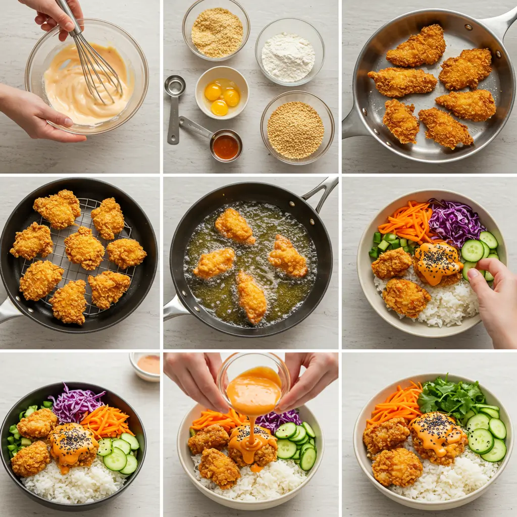 Overhead view of Bang Bang Chicken Bowl showing golden chicken, pink sauce, colorful vegetables, rice, and garnishes on white marble