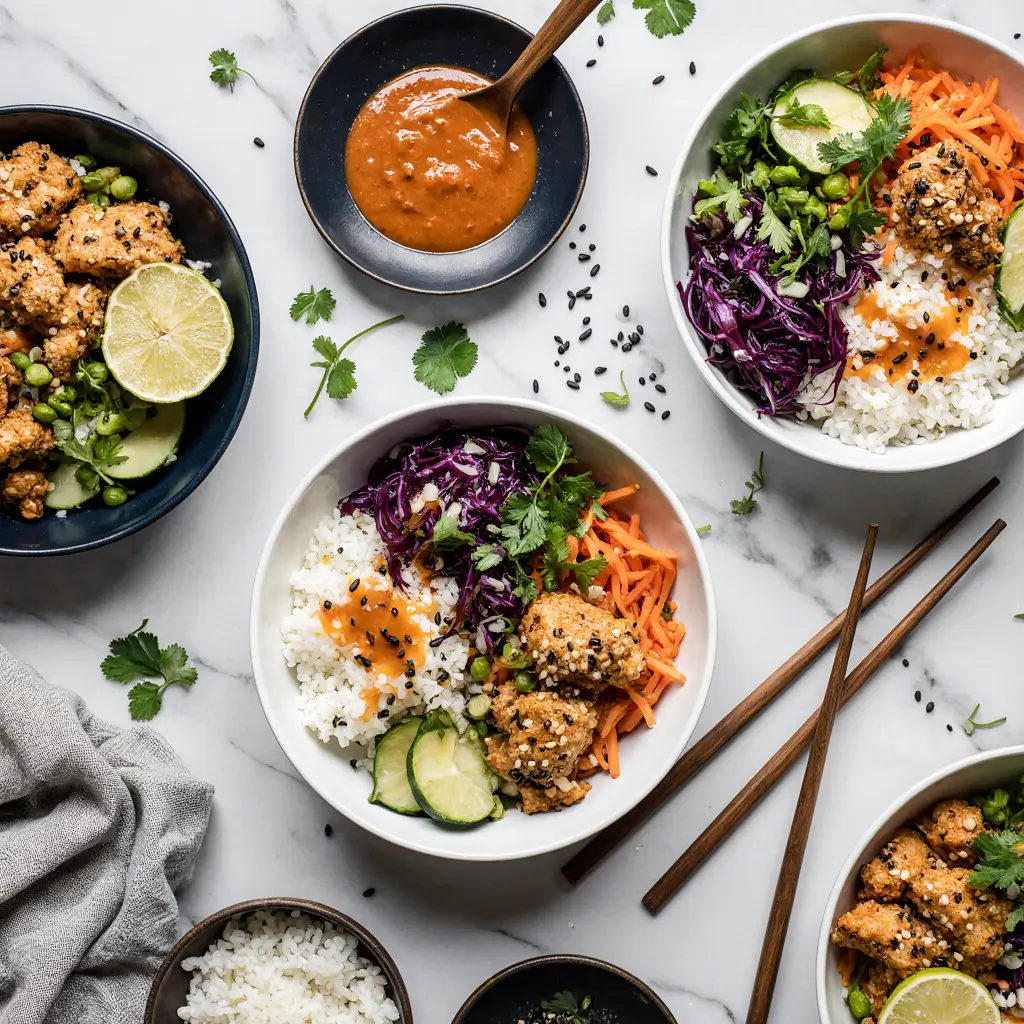 Overhead view of Bang Bang Chicken Bowl showing golden chicken, pink sauce, colorful vegetables, rice, and garnishes on white marble