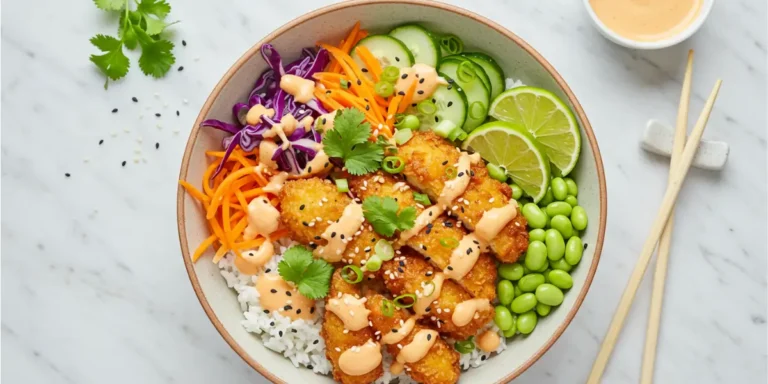 Bang Bang Chicken Bowl with crispy breaded chicken, creamy pink sauce, colorful vegetables, and white rice in ceramic bowl on marble surface