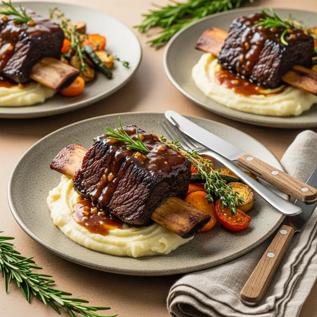 Plated beef short ribs with rich sauce, mashed potatoes, and roasted vegetables garnished with fresh rosemary and thyme, ready to serve.