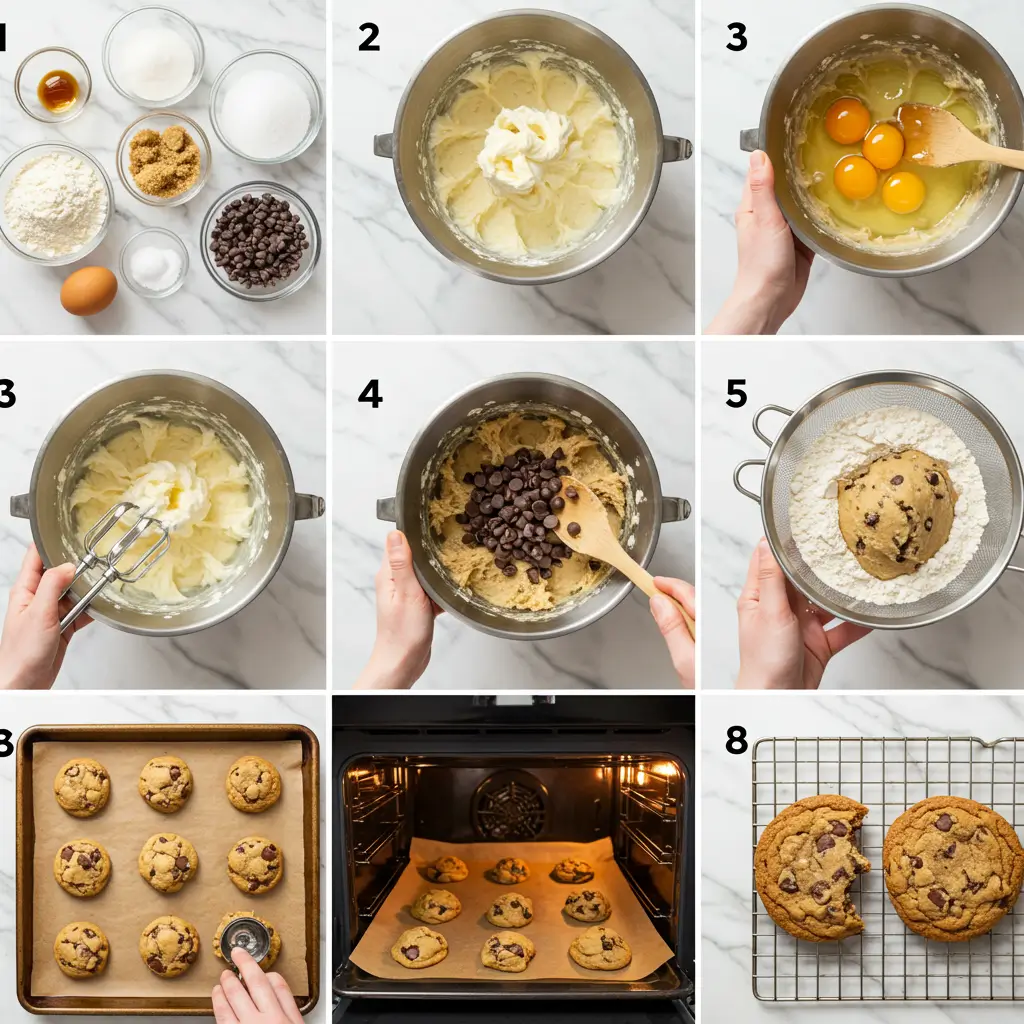 Vintage glass cookie jar filled with chocolate chip cookies on kitchen counter with homey atmosphere