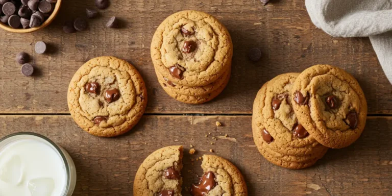 Freshly baked chocolate chip cookies on white plate with glass of milk on wooden table