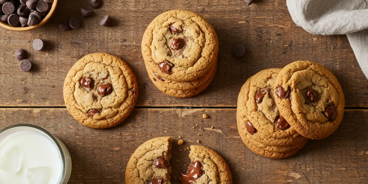 Freshly baked chocolate chip cookies on white plate with glass of milk on wooden table