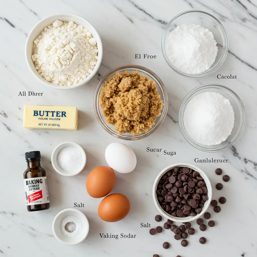 Two chocolate chip cookies on dessert plate with one bitten showing gooey chocolate center and coffee cup