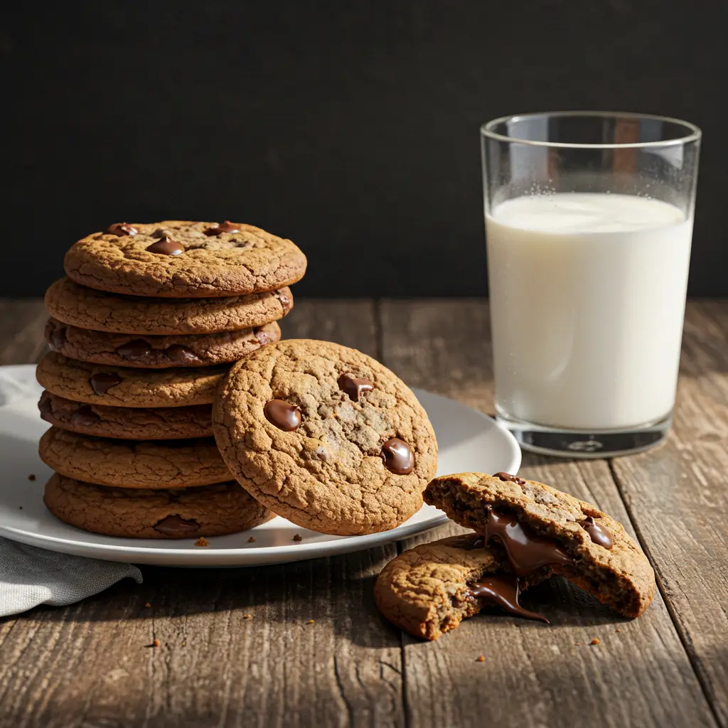 Freshly baked chocolate chip cookies on white plate with glass of milk on wooden table