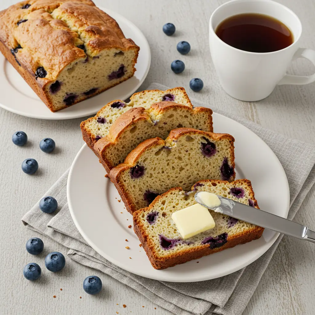 Freshly baked blueberry bread slices served on a plate with butter and blueberries.