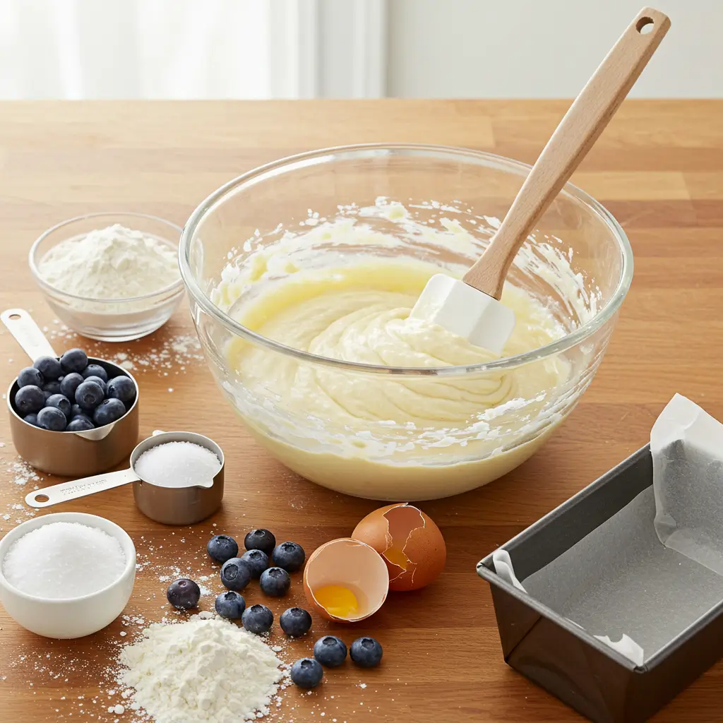 Freshly baked blueberry bread slices served on a plate with butter and blueberries.