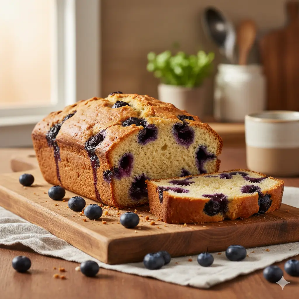 Freshly baked blueberry bread slices served on a plate with butter and blueberries.