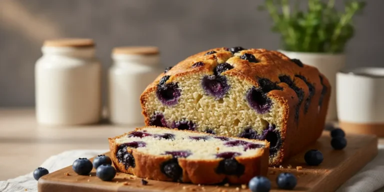 Freshly baked blueberry bread slices served on a plate with butter and blueberries.