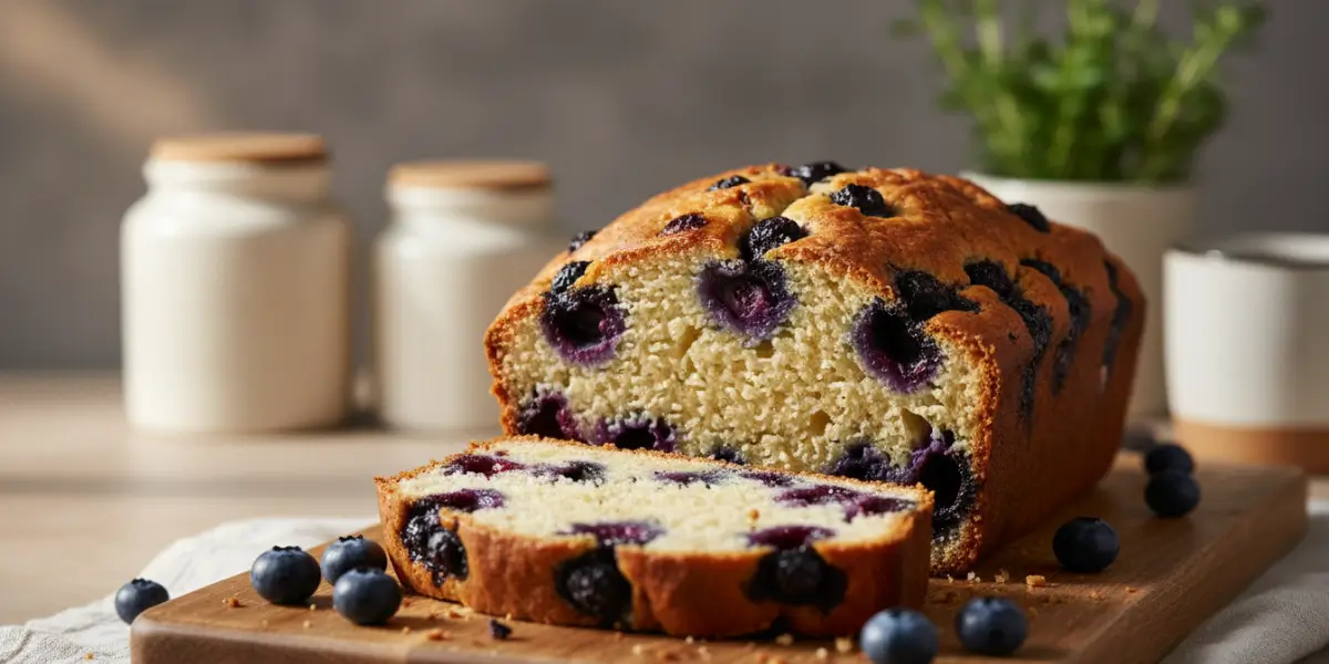 Freshly baked blueberry bread slices served on a plate with butter and blueberries.