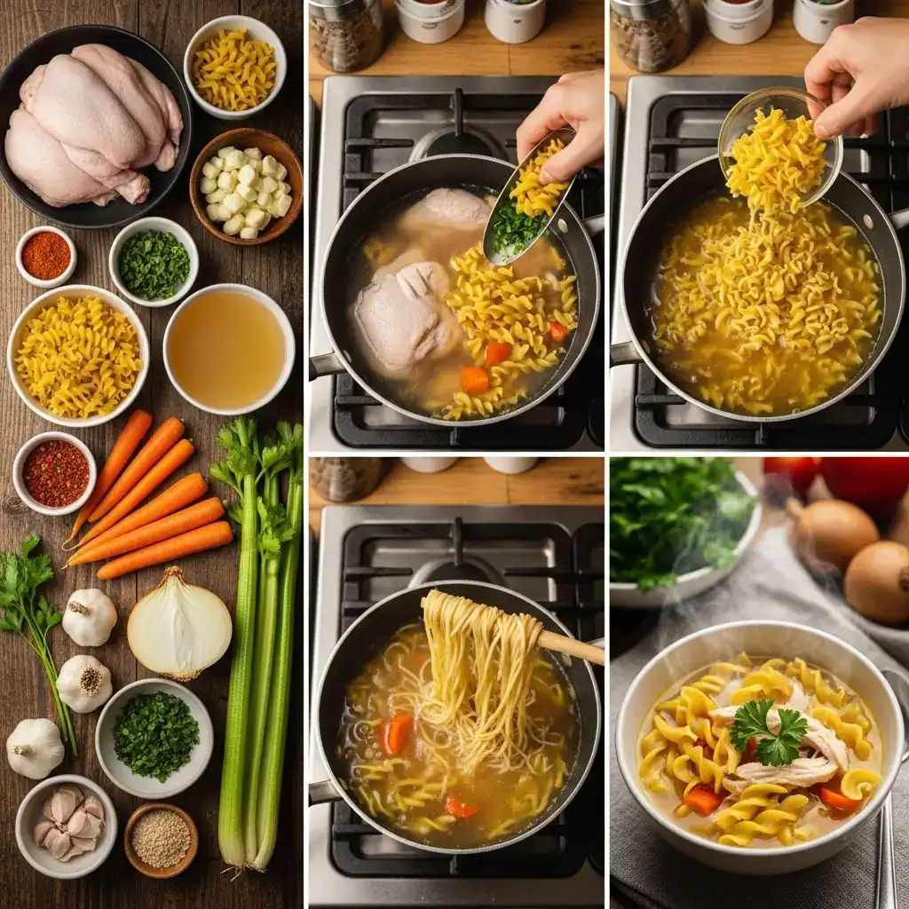 A steaming bowl of homemade chicken noodle soup with tender chicken, egg noodles, carrots, and celery in a rustic ceramic bowl.