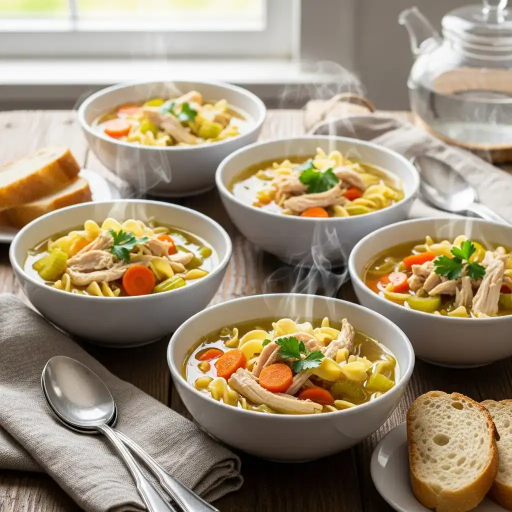 A steaming bowl of homemade chicken noodle soup with tender chicken, egg noodles, carrots, and celery in a rustic ceramic bowl.