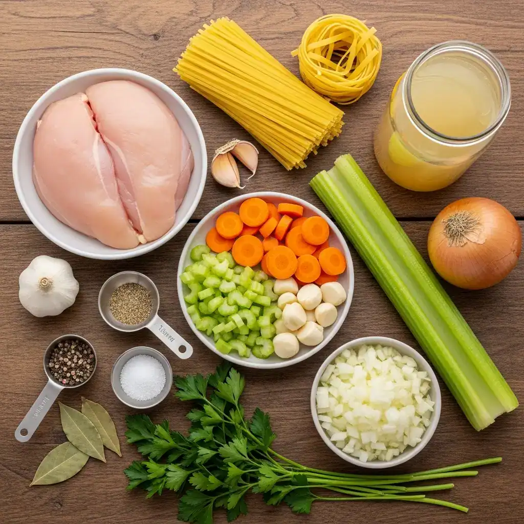 A steaming bowl of homemade chicken noodle soup with tender chicken, egg noodles, carrots, and celery in a rustic ceramic bowl.