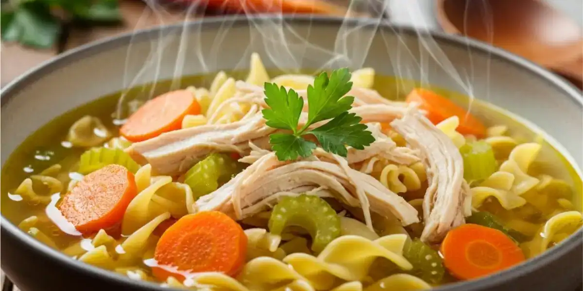 A steaming bowl of homemade chicken noodle soup with tender chicken, egg noodles, carrots, and celery in a rustic ceramic bowl.