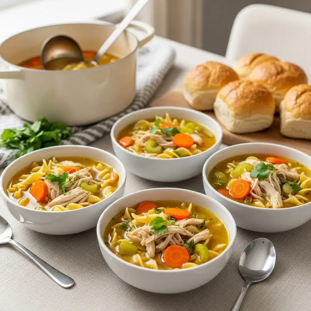 A steaming bowl of homemade chicken noodle soup with tender chicken, egg noodles, carrots, and celery in a rustic ceramic bowl.