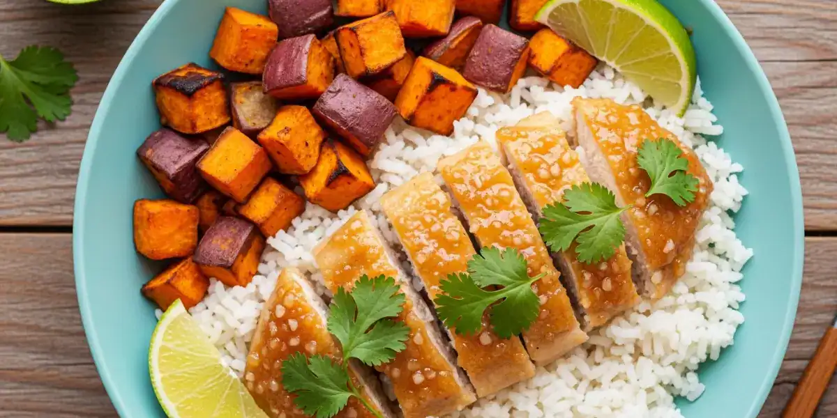Honey lime chicken with roasted sweet potatoes and white rice, garnished with fresh cilantro and lime wedges in a bowl