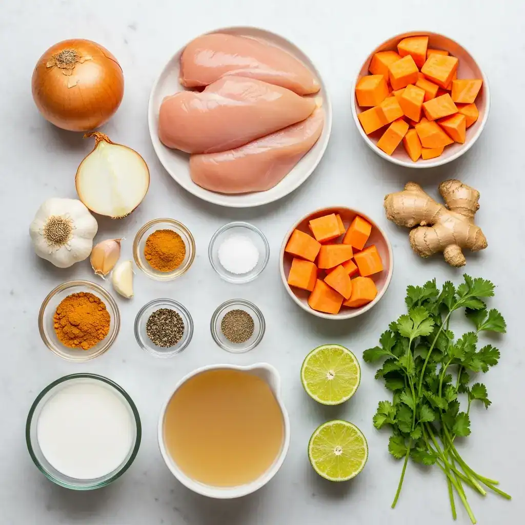 Honey lime chicken with roasted sweet potatoes and white rice, garnished with fresh cilantro and lime wedges in a bowl
